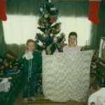Amy & Corrie with gifts they made for Jessica Lynn Christmas 1984