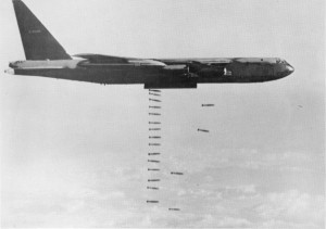 A B-52D Stratofortress from the 93rd Bombardment Wing at Barksdale Air Force Base, La., drops bombs. B-52Ds were modified in 1966 to carry 108, 500-lb bombs while the normal conventional payload before was only 51. (Historical U.S. Air Force photo)